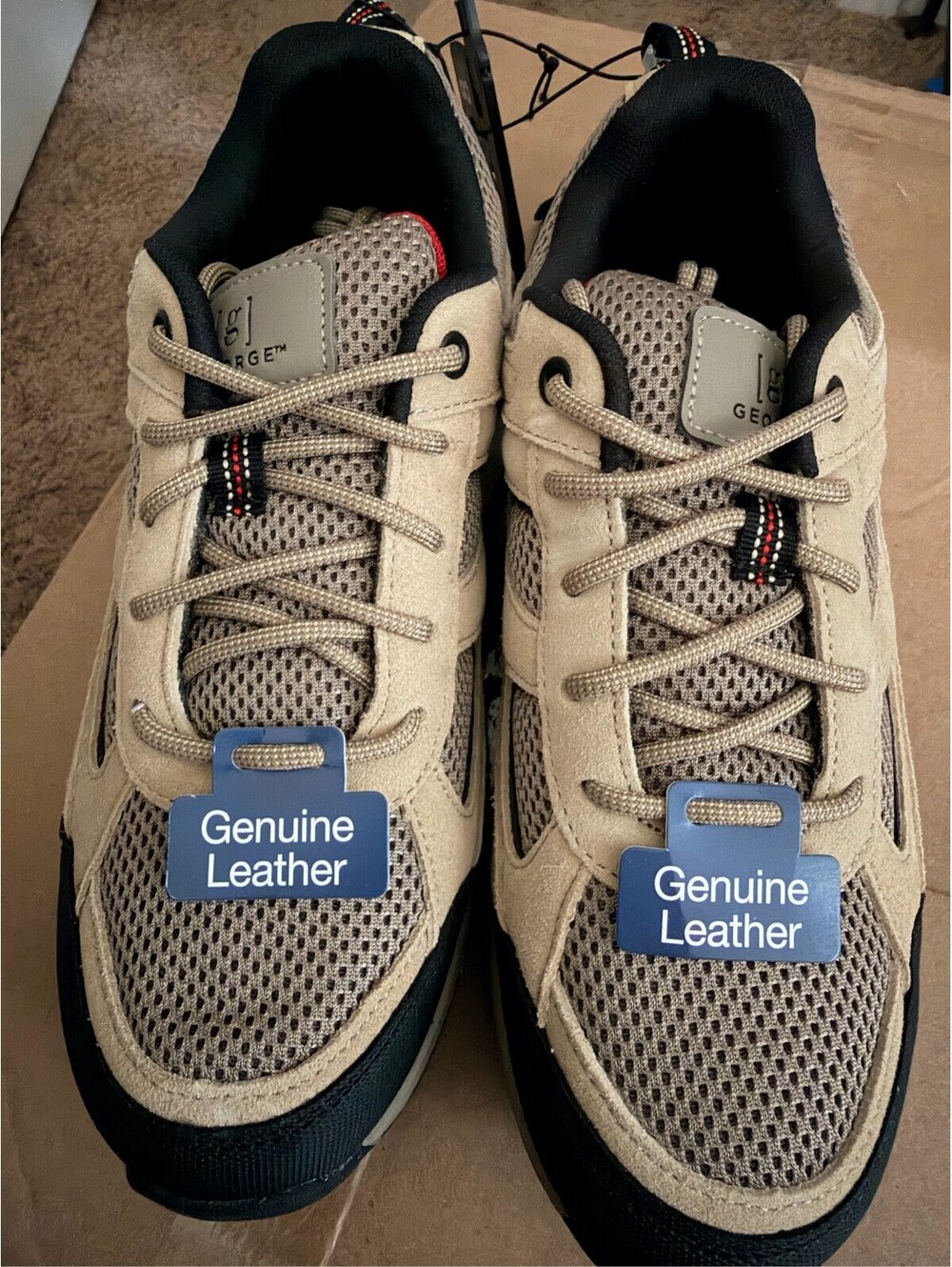 George Men's Rugged Casual Hiking Shoes Tan Leather Mesh Lace Up